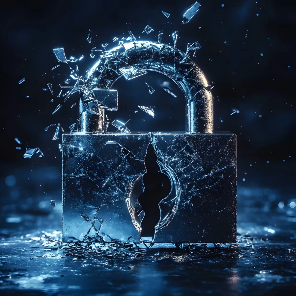 malware polimorfico aggira le difese: lucchetto rotto su sfondo blu simboleggia l'inefficacia degli antivirus tradizionali.